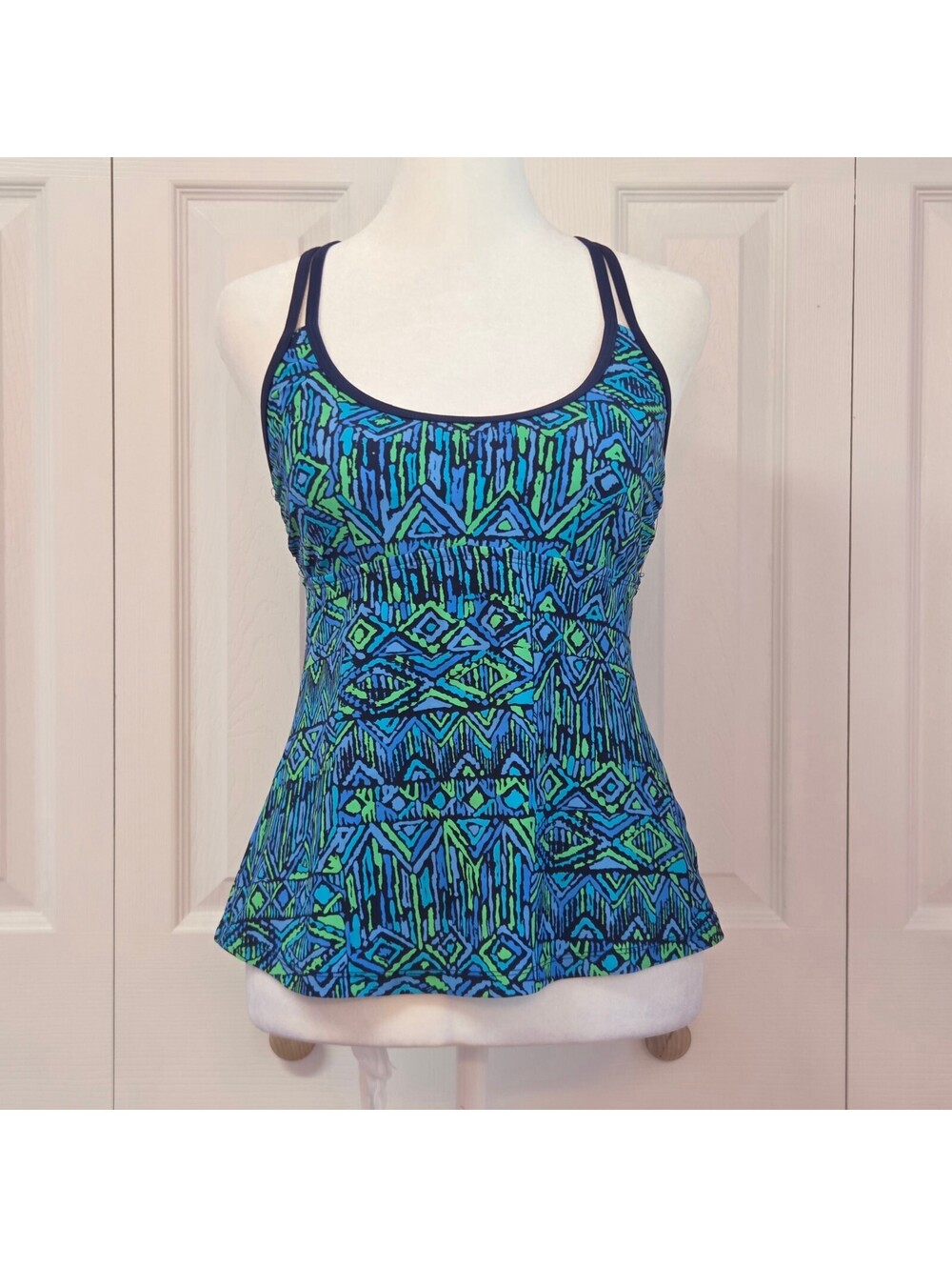 Green & Blue Geometric Tribal Racerback Tankini Mossimo Size S Y2K Retro Swim